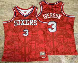 Men%27s Philadelphia 76ers #3 Allen Iverson Red Snakeskin Hardwood AU Throwback Jersey Mixiu->toronto raptors->NBA Jersey